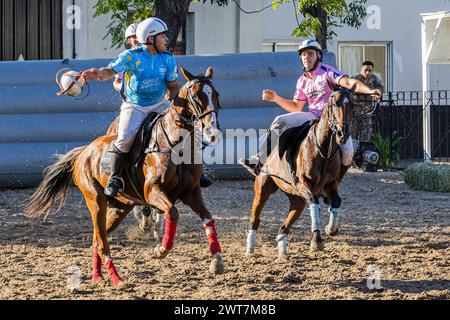 L'argentin Narciso Diaz de l'équipe Sierra de los Padres (l) et Gonzalo Etulain de l'équipe Don Emilio (R), vus en action lors de l'Open Horseball Argentina, qui s'est tenu au Regimiento de Granaderos a Caballo. Le tournoi international 'Open Horseball Argentina' s'est déroulé au Regimiento de Granaderos a Caballo General San Martín, dans la ville de Buenos Aires, les 7, 8 et 9 mars à des fins promotionnelles. C'est le prélude au Championnat du monde de Horseball 2025 qui se tiendra en Argentine. Trois matchs ont été joués à chaque date. Les équipes étaient composées de joueurs de différents pays. La finale Banque D'Images