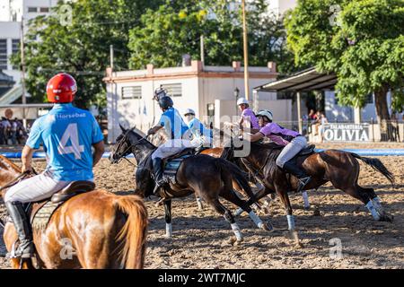 Buenos Aires, Argentine. 9 mars 2024. Le joueur chilien Salustio Montalva de Sierra de los Padres (C) vu en action lors de l'Open Horseball Argentina, qui s'est tenu au Regimiento de Granaderos a Caballo. Le tournoi international ''Open Horseball Argentina'' s'est déroulé au Regimiento de Granaderos a Caballo General San MartÃ-n, dans la ville de Buenos Aires, les 7, 8 et 9 mars à des fins promotionnelles. C'est le prélude au Championnat du monde de Horseball 2025 qui se tiendra en Argentine. Trois matchs ont été joués à chaque date. Les équipes étaient composées de joueurs de différents pays. Le fi Banque D'Images