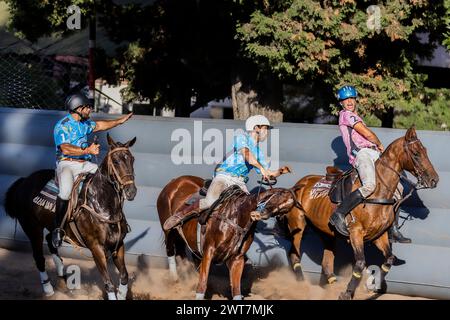 Buenos Aires, Argentine. 9 mars 2024. L'argentin Federico Ferrari de l'équipe Don Emilio (R) vu en action avec l'argentin Justo Bermudez (C) et le chilien Salustio Montalva (l) de l'équipe Sierra de los Padres, lors de l'Open Horseball Argentina qui s'est tenu au Regimiento de Granaderos a Caballo. Le tournoi international ''Open Horseball Argentina'' s'est déroulé au Regimiento de Granaderos a Caballo General San MartÃ-n, dans la ville de Buenos Aires, les 7, 8 et 9 mars à des fins promotionnelles. C'est le prélude au Championnat du monde de Horseball 2025 qui se tiendra en Argentine. Trois matche Banque D'Images