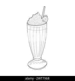 Milkshake dans un verre transparent, mettant en valeur la texture crémeuse et les couches colorées de la boisson. Le verre est rempli d'un mélange de lait et de crème glacée, surmonté de crème fouettée et d'une cerise sur le dessus Illustration de Vecteur