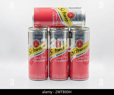 Kiev, Ukraine - 15 décembre 2022 : Studio Shoot de Schweppes Pink Grapefruit original Cans gros plan sur fond blanc. Schweppes est une beve suisse Banque D'Images