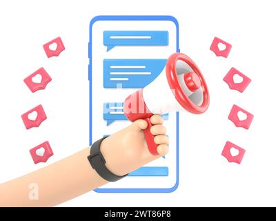 Poster une alerte d'information de la main avec mégaphone ou haut-parleur sur un téléphone avec PIN like. Bande dessinée plate annoncer la bannière de notification Sign.rendu 3D o Banque D'Images