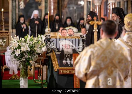 Sofia, Bulgarie, 16 mars 2024 : la liturgie sacrée requiem à la mémoire du Patriarche bulgare et métropolite Sofia Néophyte a été célébrée dans le A. Banque D'Images