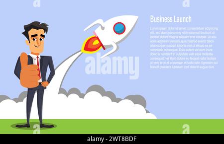 Bannière de démarrage d'entreprise avec fusée impliquant un lancement, entrepreneur homme d'affaires commençant un concept d'entreprise Illustration de Vecteur