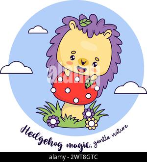 Mignon hérisson drôle sur le champignon agarique de grosse mouche. Illustration vectorielle. Personnage animal kawaii de dessin animé. Collection enfants Illustration de Vecteur