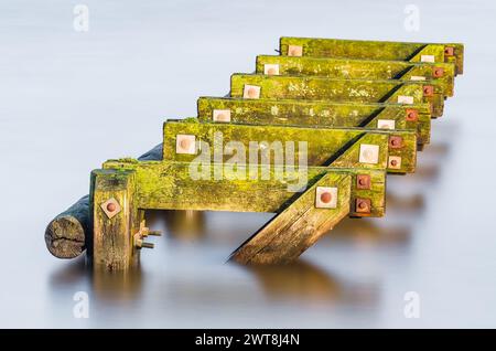 Les eaux tranquilles du port de Gothenburg flouent doucement autour d'un quai en bois altéré recouvert de mousse verte, dans un cadre paisible et silencieux. Th Banque D'Images