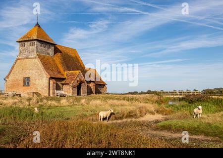 Fairfield Church sur Romney Marsh dans le Kent, avec des moutons qui paissent dans les champs autour Banque D'Images