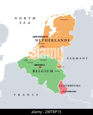 Benelux, états membres de l'Union Benelux, carte politique. Union et coopération formelle de la Belgique, des pays-Bas et du Luxembourg. Banque D'Images