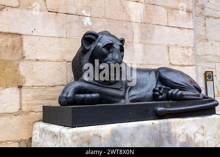 Lyon, France - 26 janvier 2022 : statue de lion noir dans la vieille ville de Lyon, France. Banque D'Images