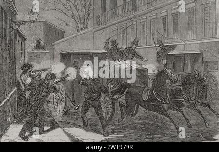 Histoire de l'Espagne. Madrid. Attaque contre le général Prim (1814-1870) dans la calle del Turco (rue Turk) le 27 décembre 1870. Des hommes armés avec des broussailles ont attaqué sa voiture alors qu'il se rendait à sa résidence dans le palais Buenavista. Il mourut trois jours plus tard des blessures qu'il avait subies. Gravure. Historia de la Guerra de Francia y Prusia (histoire de la guerre entre la France et la Prusse). Volume II. Publié à Barcelone, 1871. Banque D'Images