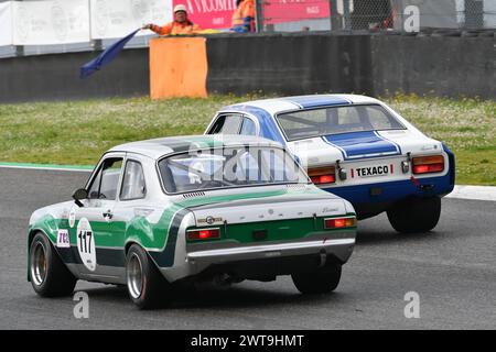 Scarperia, 2 avril 2023 : Ford Escort RS 1600 1975 en action lors du Mugello Classic 2023 au Mugello circuit en Italie. Banque D'Images