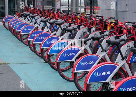 Trondheim, Norvège - 13 juillet 2023 : rangée de vélos de location OBOS Banque D'Images