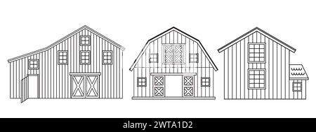 Ensemble de granges en bois de ferme rouge de ligne blanche noire pour livre de coloriage. Illustration de ligne isolée d'objets sur fond blanc Illustration de Vecteur