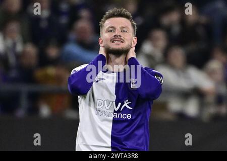 Bruxelles, Belgique. 16 mars 2024. Anders Dreyer d'Anderlecht semble déçu lors d'un match de football entre le RSC Anderlecht et le KV Kortrijk, samedi 16 mars 2024 à Bruxelles, le dernier jour (30/30) de la première division 'Jupiler Pro League' 2023-2024 du championnat belge. BELGA PHOTO LAURIE DIEFFEMBACQ crédit : Belga News Agency/Alamy Live News Banque D'Images