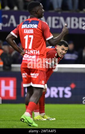 Bruxelles, Belgique. 16 mars 2024. Nayel Mehssatou de Kortrijk réagit lors d'un match de football entre le RSC Anderlecht et le KV Kortrijk, samedi 16 mars 2024 à Bruxelles, le dernier jour (30/30) de la première division 'Jupiler Pro League' 2023-2024 du championnat belge. BELGA PHOTO LAURIE DIEFFEMBACQ crédit : Belga News Agency/Alamy Live News Banque D'Images