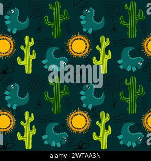 Désert d'été sans couture animaux dinosaures cactus et motif de soleil pour l'emballage du papier et des tissus et des draps et des enfants impression et emballage festif et partie Banque D'Images