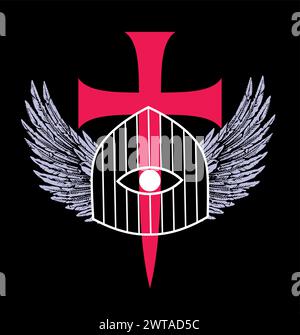 T-shirt design d'une cage avec des ailes à côté d'une grande croix médiévale sur un fond noir. Illustration de Vecteur