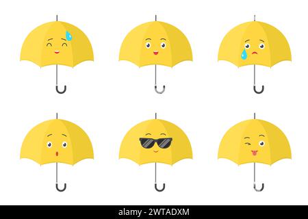 Ensemble de parapluies jaunes mignons. Mascottes de parasol drôles avec différentes expressions d'humeur, parapluies avec un visage fou ou surprise, les personnages sourient ou pleurent avec des larmes, illustration vectorielle de collection de dessins animés Illustration de Vecteur