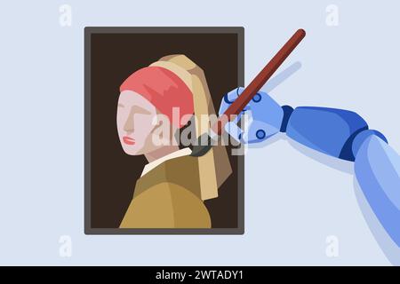 Génération de contenu IA utilisant l’IA, projet d’art numérique de l’intelligence artificielle. Main de robot avec pinceau peinture portrait créatif de femme, artiste ai dessinant image dessin animé illustration vectorielle Illustration de Vecteur