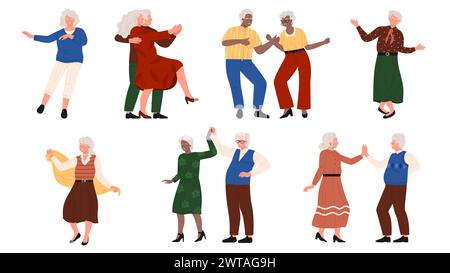 Personnes âgées heureuses dansant seules ou en paires ensemble. Les danseurs âgés masculins et féminins se déplacent dans la danse active ou romantique amusante à la musique, grand-père et grand-mère à l'illustration vectorielle de bande dessinée de partie rétro Illustration de Vecteur