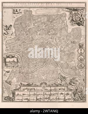 Nuoua pianta di Roma presente ..., 1773. Rossi, Matteo Gregorio de, 1638-1702, dessinateur, graveur. l'anno MDCCLXXIII [1773] la carte est la grande vue à vol d'oiseau de Matteo Gregorio de Rossi sur la Rome moderne, qui a été publiée pour la première fois par son père Giovanni Battista en 1668. La deuxième édition de Matteo Gregorio lui-même a été publiée en 1680, avec des ajouts et des corrections. Troisième édition 1721-24. Present (quatrième) éd. a changé de titre pour refléter Losi en tant qu'éditeur. Titre et empreinte en réserve sur les 3 panneaux supérieurs. Dédicace à Clément IX en haut à gauche de l'image combinée, conservée à partir de la 1ère édition. Armes d'innocent Banque D'Images