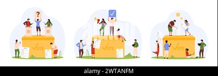 Élection vote, référendum et démocratie mis en place. Les gens minuscules votent pour le candidat, mettent des bulletins de vote en papier avec la liste dans le conteneur, l'électeur tenant des signes avec la question et cochez illustration vectorielle de dessin animé Illustration de Vecteur