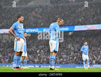 Erling Haaland de Manchester City semble déçu, lors du quart de finale de la Coupe FA Emirates Manchester City vs Newcastle United au stade Etihad, Manchester, Royaume-Uni, le 16 mars 2024 (photo de Cody Froggatt/News images) Banque D'Images