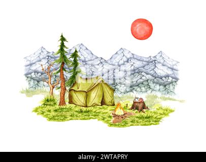 Illustration aquarelle de camping. Tente touristique vintage verte dans la forêt dans les montagnes. Isolé sur fond blanc. Créer une composition de conception Banque D'Images