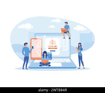 Concept de banque en ligne. Les personnes utilisant un ordinateur portable et un téléphone intelligent mobile pour les opérations bancaires et comptables en ligne. illustration moderne vectorielle plate Illustration de Vecteur