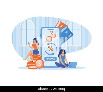 Concept de remboursement en ligne. Des gens heureux recevant de l'argent pour un acheteur. Pièces ou transfert d'argent du smartphone au porte-monnaie électronique. vecteur plat ille moderne Illustration de Vecteur