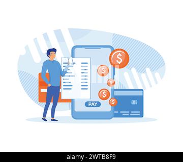 Services bancaires par Internet payez vos factures en ligne à l'aide de votre téléphone mobile. illustration moderne vectorielle plate Illustration de Vecteur
