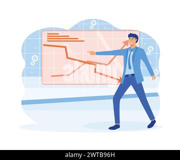 Homme montrant au graphique de finance. Crise économique, hausse de l'inflation, baisse de l'argent des entreprises. illustration moderne vectorielle plate Illustration de Vecteur