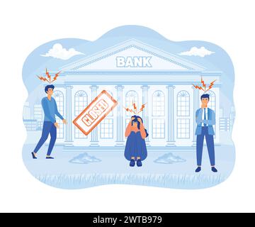 Banque fermée. Crise financière, les gens font faillite. Foule en colère dans les bâtiments du gouvernement de la rue. Homme frustré plat femme sans argent, banque difficile Illustration de Vecteur