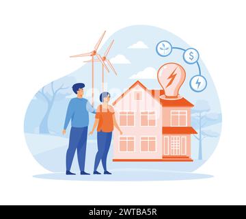 Concept de consommation d'énergie. L'homme et la femme réduisent la consommation d'énergie à la maison. illustration moderne vectorielle plate Illustration de Vecteur
