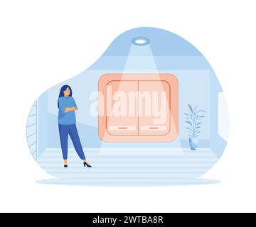 Concept de consommation d'énergie. Femme utilisant l'énergie économiser de l'énergie dans la pièce. illustration moderne vectorielle plate Illustration de Vecteur