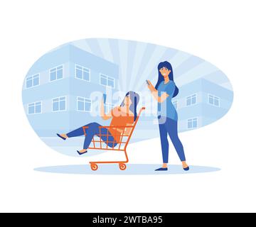 Concept de gros rabais. Femme assise dans le panier et les achats en ligne, autour avec des achats. illustration moderne vectorielle plate Illustration de Vecteur