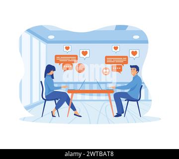 Homme et femme assis à des ordinateurs portables, en utilisant le site de rencontre et le chat. Couple romantique ayant la conversation sur internet. illustration moderne vectorielle plate Illustration de Vecteur