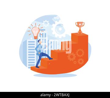 Concept commercial de réussite. Homme d'affaires tenant la coupe de trophée debout sur l'escalier. illustration moderne vectorielle plate Illustration de Vecteur