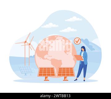 Concept d'efficacité énergétique. Femme utilisant l'électricité verte, des moulins à vent et des panneaux solaires. illustration moderne vectorielle plate Illustration de Vecteur