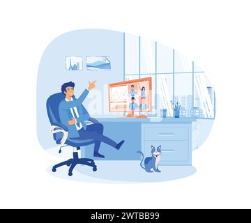 Travailleur utilisant un ordinateur pour une réunion virtuelle collective et une visioconférence de groupe. Homme au bureau discutant avec des amis en ligne. vecteur plat ille moderne Illustration de Vecteur