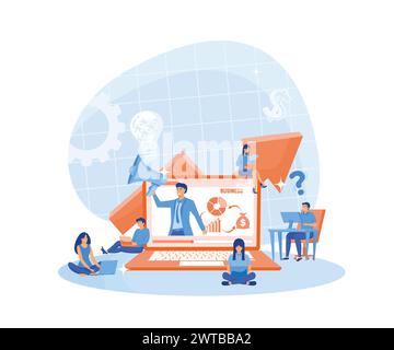 Présentation de conférencier et formation professionnelle sur le marketing, les ventes et le commerce électronique. Des jeunes assis sur un grand ordinateur portable et atten Illustration de Vecteur