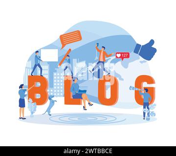 Blog Creative Content production Workflow Process Poster. Des hommes souriants amicaux heureux faisant la composition de mots. illustration moderne vectorielle plate Illustration de Vecteur