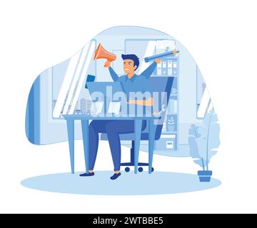 Un homme fatigué manquant la date limite. Un employé de bureau submergé par le travail, les rapports et les appels. illustration moderne vectorielle plate Illustration de Vecteur