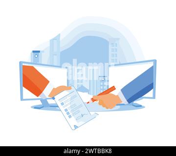 Concept d'accord contractuel. Accord D'utilisateur NUMERIQUE signature D'un document NUMERIQUE a signature ELECTRONIQUE. illustration moderne vectorielle plate Illustration de Vecteur