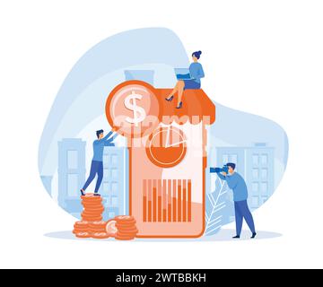 Transactions financières, transactions de paiement autres qu'en espèces. Terminal POS et systèmes de paiement, monnaie, pièces, système de paiement NFC. vecteur plat ille moderne Illustration de Vecteur