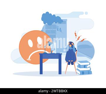 Concept stress in Office. Femme avec mal de tête, migraine, tenant la tête. Stressé malheureux bouleversé fille fatiguée dans le bureau souffrant de douleur, maux de tête ou Illustration de Vecteur