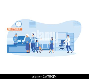 Patients à la réception d'un hôpital s'inscrivant et payant à la réception ou assis à attendre le médecin dans un concept de soins de santé. vecteur plat moderne Illustration de Vecteur