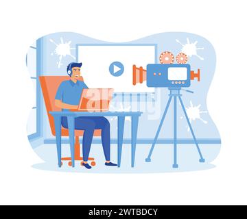 Production de vlogger vidéo, site Web de la page d'accueil du créateur de contenu. illustration moderne vectorielle plate Illustration de Vecteur