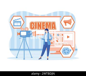 Production cinématographique, concept de réalisation de film. Caméra vidéo, haut-parleur, clapper board, film ciné, éditeur vidéo à l'écran, statue de prix, écran de cinéma. plat Illustration de Vecteur