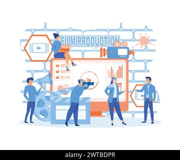 Concept de production de film, les gens dans le studio faisant un film, filmmaking cours en ligne peuvent utiliser pour, landing page. illustration moderne vectorielle plate Illustration de Vecteur